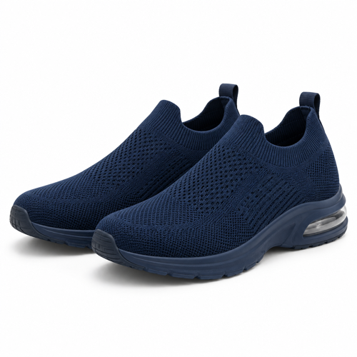 Navy Air-Cushion Knit Walking Sneakers on a white background