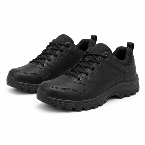 Black Rugged Flex Leather-Look Trail Shoes on a white background