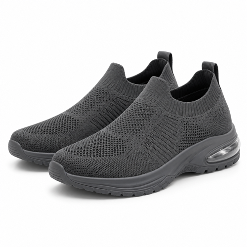 Dark Grey Air-Cushion Knit Walking Sneakers on a white background